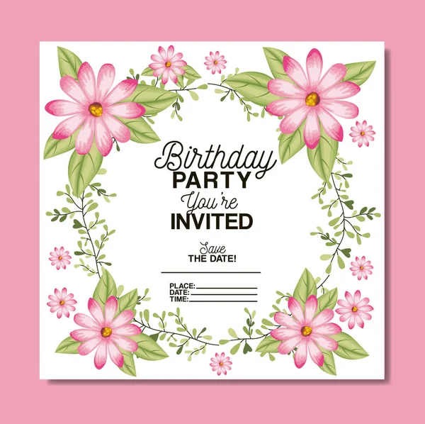 Meghívó születésnapi buliba virág díszítéssel — Stock Vector