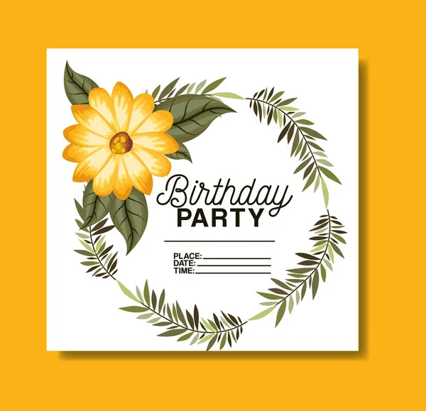 Tarjeta de fiesta de cumpleaños con marco floral — Vector de stock