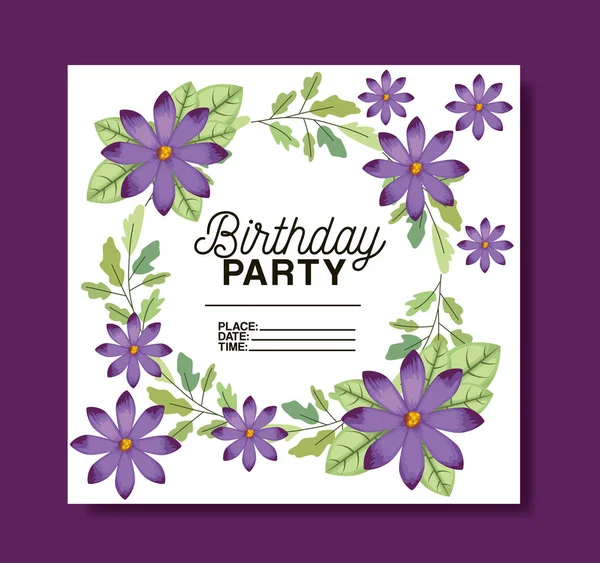 Tarjeta de fiesta de cumpleaños con marco floral — Vector de stock