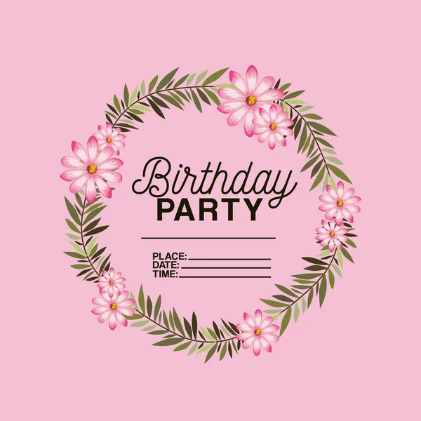 Convite festa de aniversário com coroa floral —  Vetores de Stock
