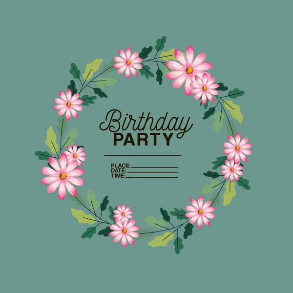 Invitación fiesta de cumpleaños con corona floral — Vector de stock