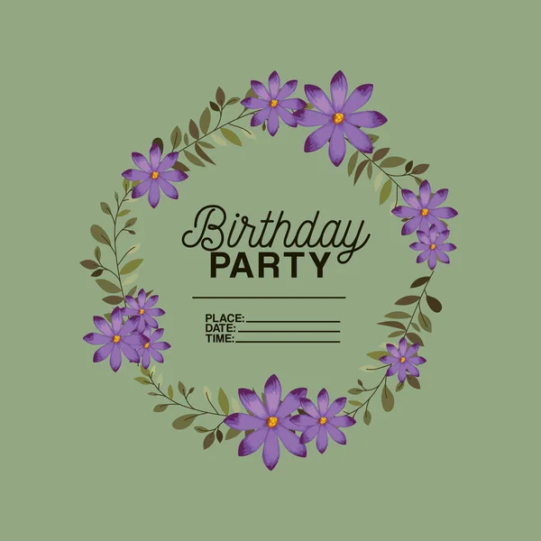 Invitación fiesta de cumpleaños con corona floral — Vector de stock