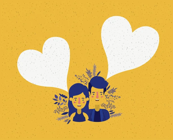 Joven pareja con corazones personajes — Vector de stock