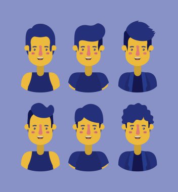 Erkekler retro Grup karakter vektör çizim tasarım stilleri.