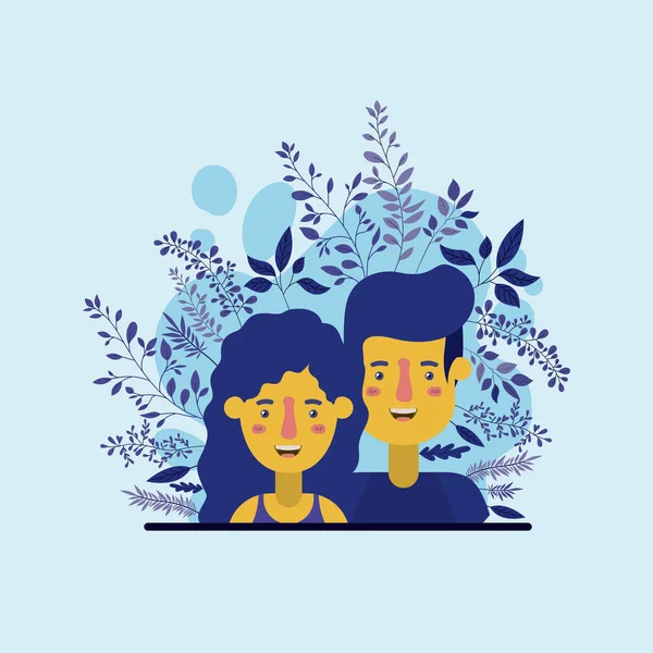 Pareja joven con personajes de decoración de hojas — Vector de stock