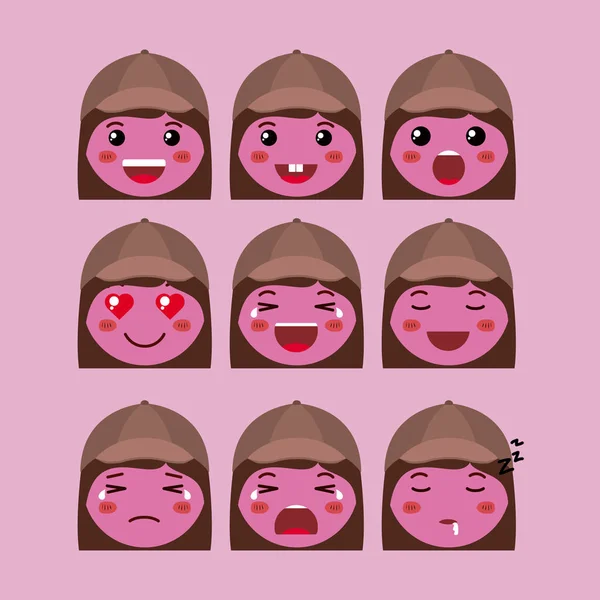 Pequeño Rojo Niñas Emoticono Conjunto Kawaii Caracteres Vector Ilustración Diseño — Archivo Imágenes Vectoriales