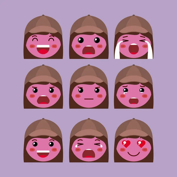 Pequeño rojo niñas emoticono conjunto kawaii caracteres — Archivo Imágenes Vectoriales