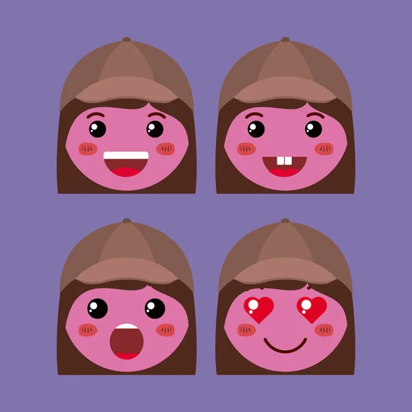 Pequeño rojo niñas emoticono conjunto kawaii caracteres — Archivo Imágenes Vectoriales