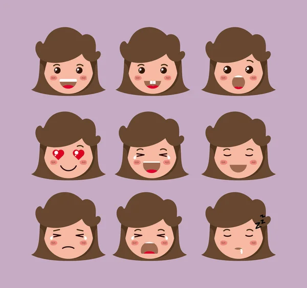 Little girls emoticon set kawaii characters — Stock Vector