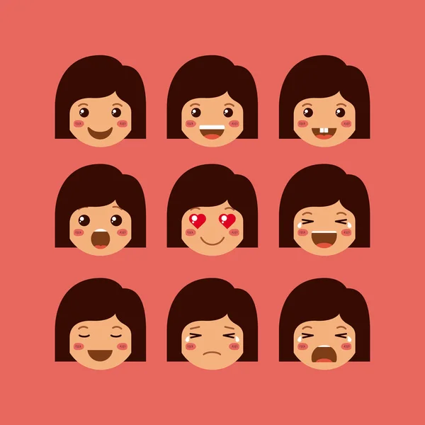 Meninas Emoticon Conjunto Personagens Kawaii Vetor Ilustração Design — Vetor de Stock