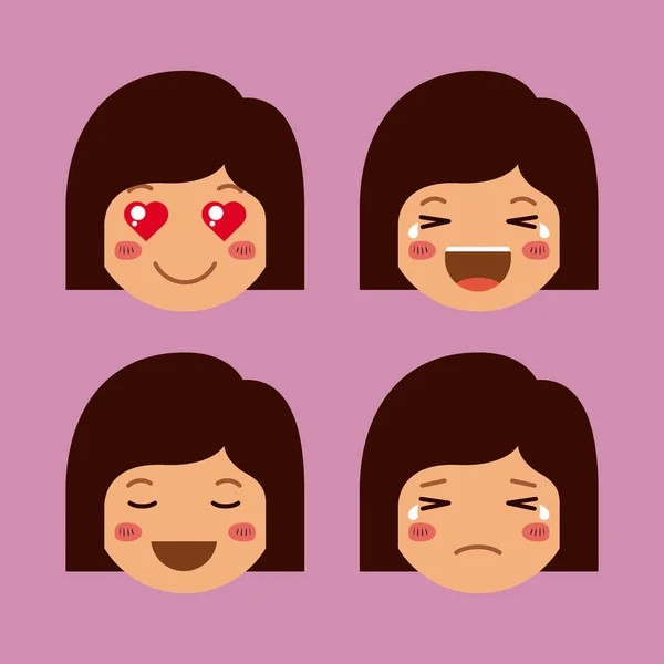 Little girls emoticon set kawaii characters — Stock Vector