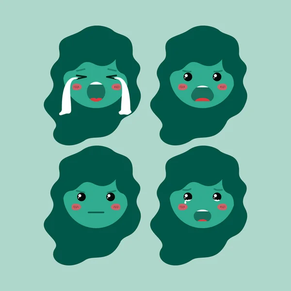 Pequeño verde niñas emoticono conjunto kawaii caracteres — Archivo Imágenes Vectoriales