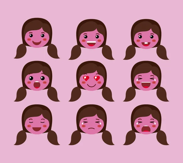 Kleine lila Mädchen emoticon set kawaii Zeichen — Stockvektor