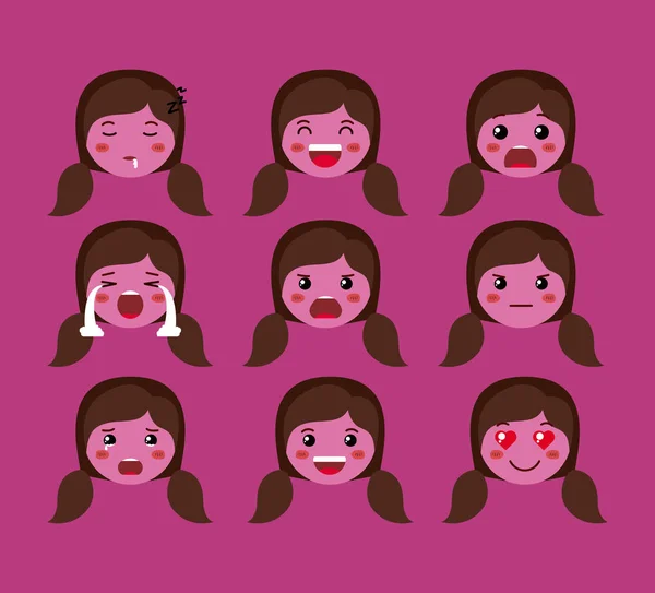 Little purple girls emoticon set kawaii characters — Stock Vector