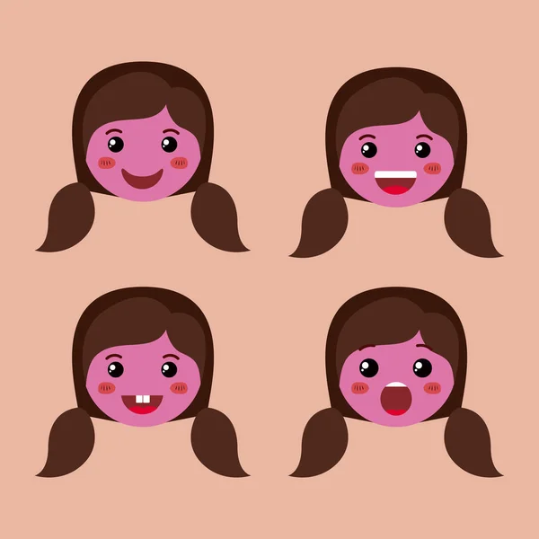 Little purple girls emoticon set kawaii characters — Stock Vector