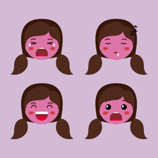 Pequeño púrpura niñas emoticono conjunto kawaii caracteres — Archivo Imágenes Vectoriales