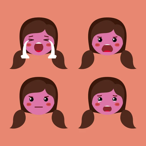 Pequeño púrpura niñas emoticono conjunto kawaii caracteres — Vector de stock