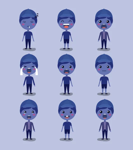 Pequeño azul chicos emoticono conjunto kawaii caracteres — Archivo Imágenes Vectoriales
