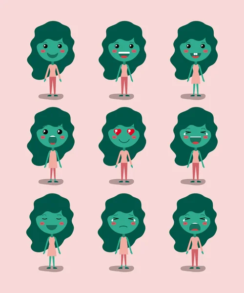 Pequeño verde niñas emoticono conjunto kawaii caracteres — Archivo Imágenes Vectoriales