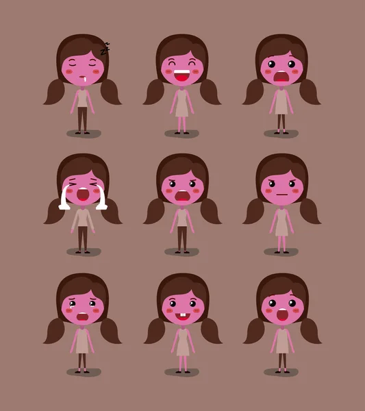 Little pink girls emoticon set kawaii characters — Stock Vector