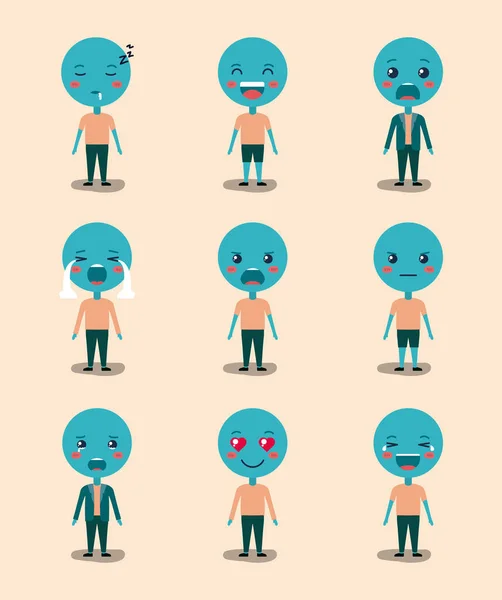 Definir emoticons azuis personagens kawaii — Vetor de Stock