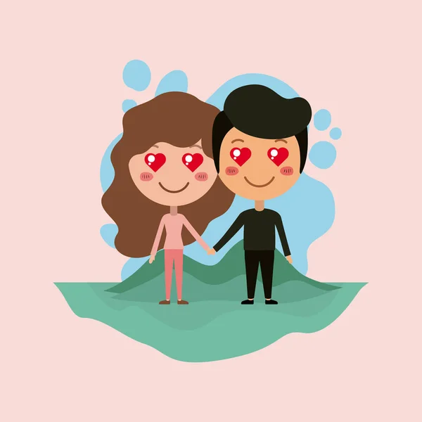 Emoticons casal no campo personagens kawaii — Vetor de Stock