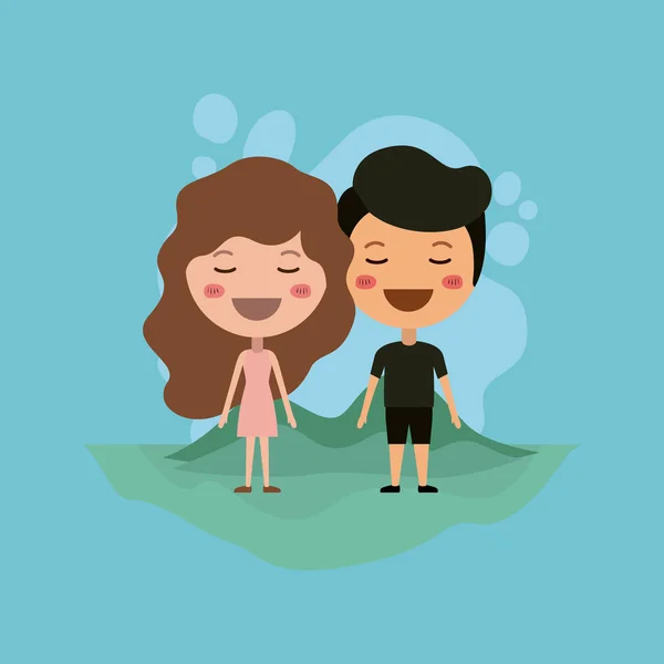 Emoticonos pareja en el campo kawaii caracteres — Vector de stock