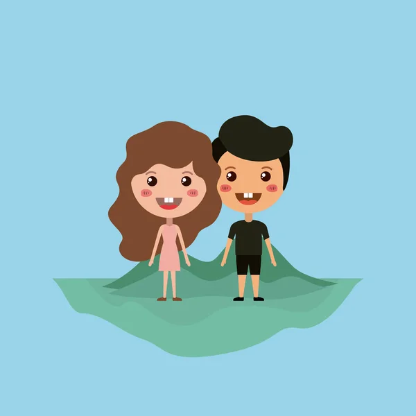 Emoticonos pareja en el campo kawaii caracteres — Vector de stock