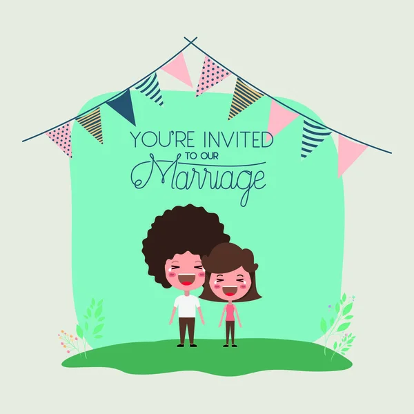 Tarjeta de invitación de boda con personajes de pareja — Archivo Imágenes Vectoriales