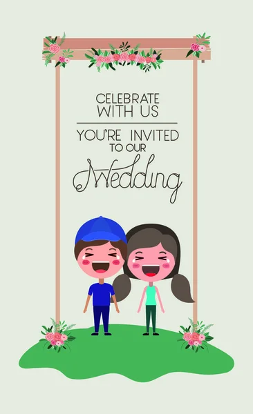 Cartão de convite de casamento com personagens de casal — Vetor de Stock