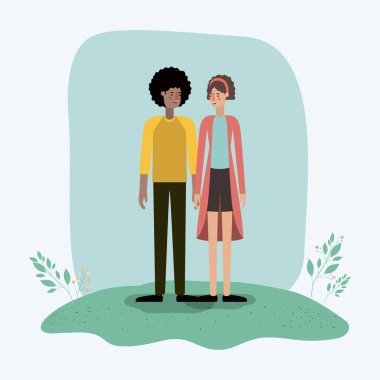 aşık çift çim ile çerçeve yapraklar