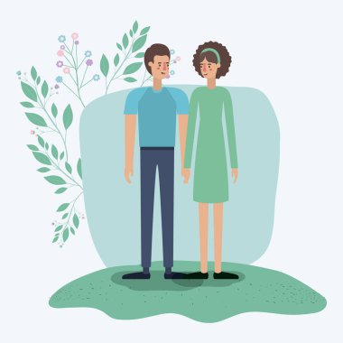 aşık çift çim ile çerçeve yapraklar