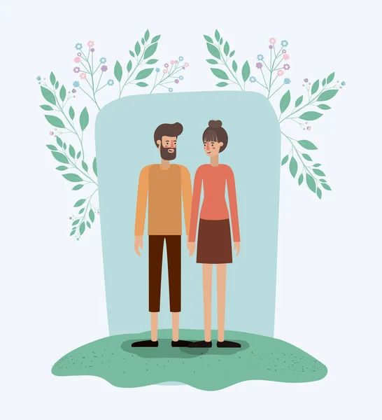 Amantes pareja en la hierba con marco de hojas — Archivo Imágenes Vectoriales