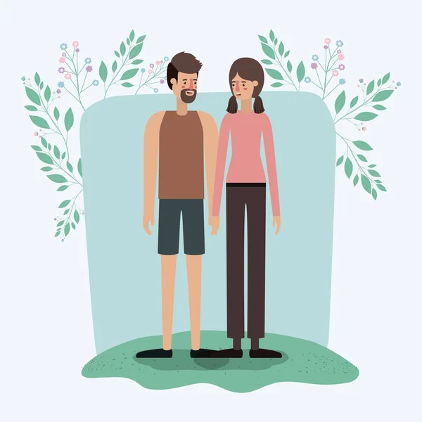 Любовники пара в траве с рамкой листьев — стоковый вектор
