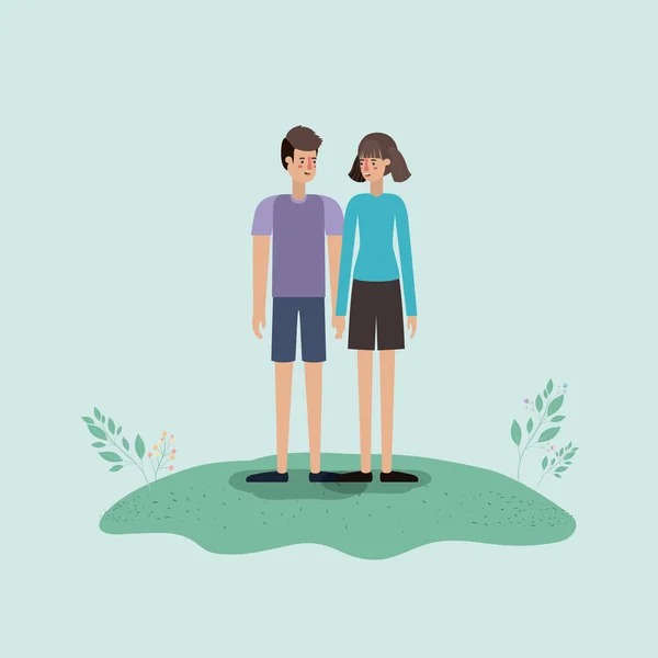 Любовники пара в траве с рамкой листьев — стоковый вектор