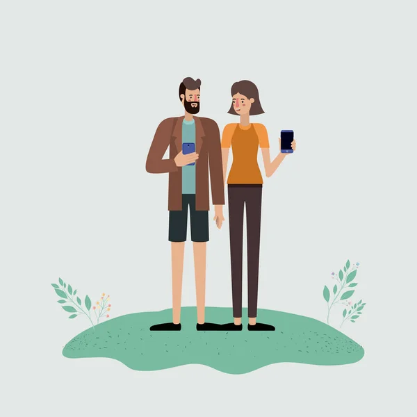 Couple using smartphone characters — Stock Vector