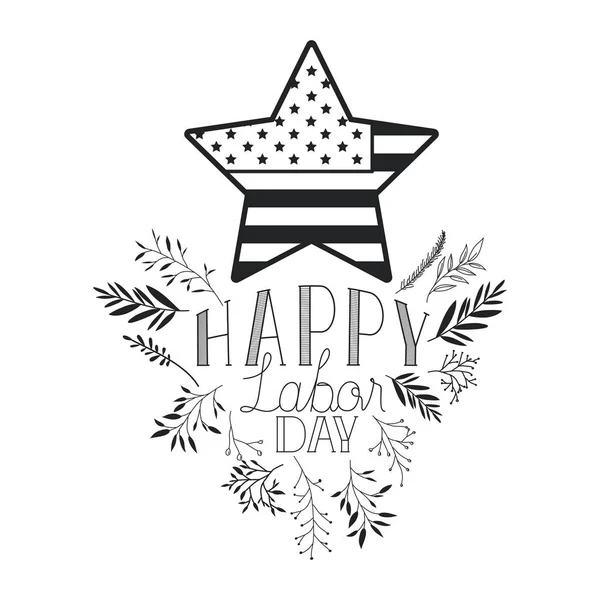 Etiqueta del día de trabajo feliz con marco de hojas y estrella — Vector de stock