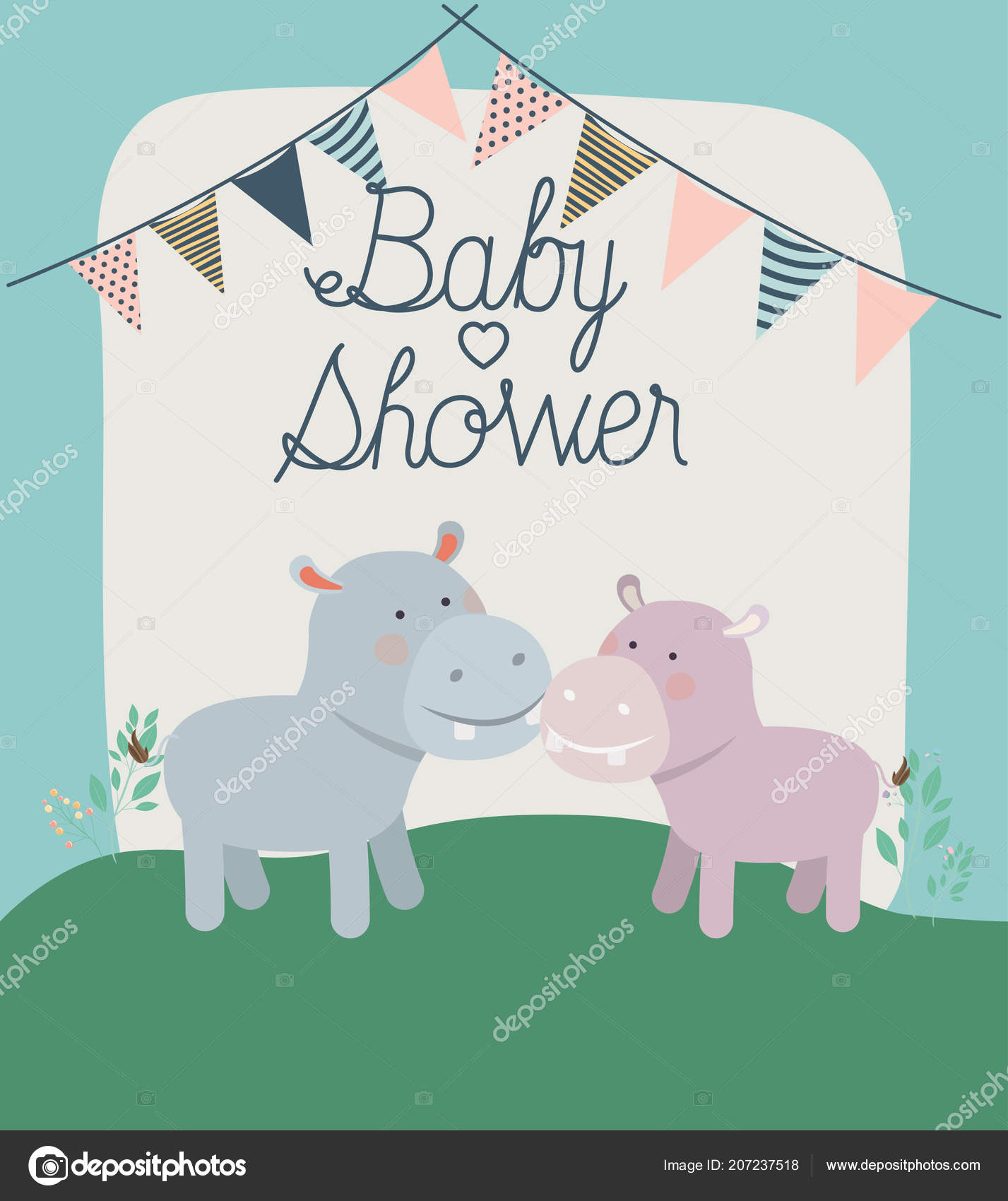 Baby Shower Card With Cute Hippos Couple Stock Vector