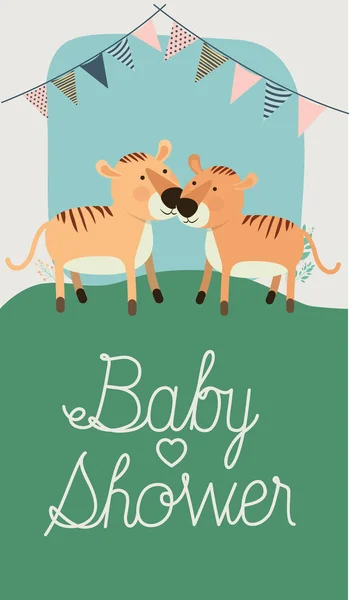 Bebê chuveiro cartão com bonito tigres casal — Vetor de Stock