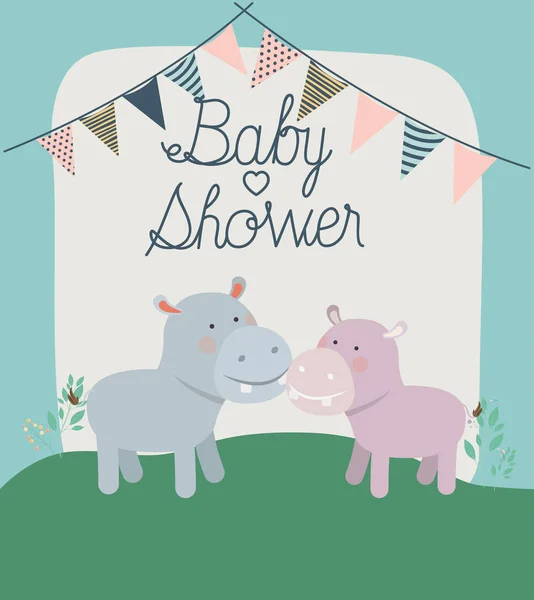 Tarjeta de ducha de bebé con linda pareja de hipopótamos — Vector de stock
