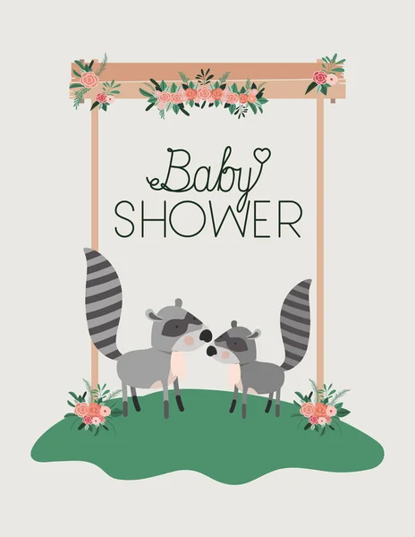 Tarjeta de ducha de bebé con mapaches lindo pareja — Vector de stock