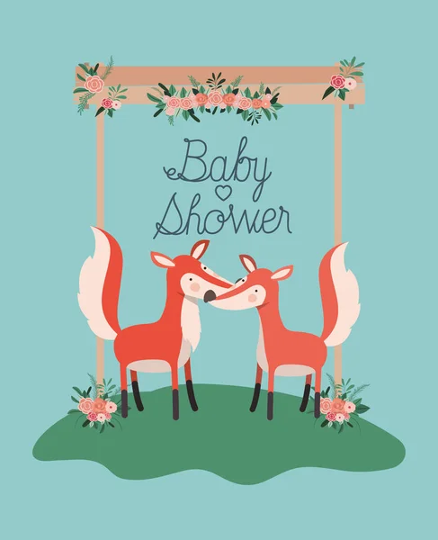 Carte de douche de bébé avec couple mignon de renards — Image vectorielle