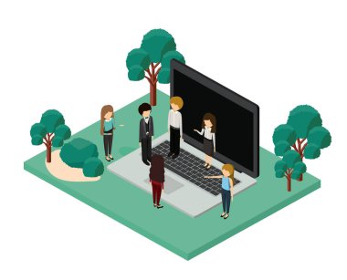 Mini insanlarla orman sahne ve dizüstü