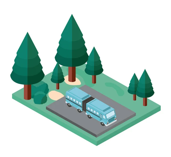 Bus parking and trees scene isometric icon — Stock Vector