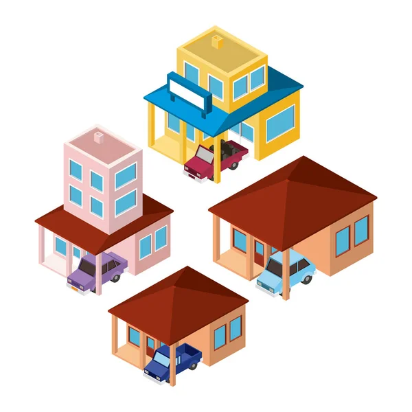Set buildings and cars scenes isometric — Stock Vector