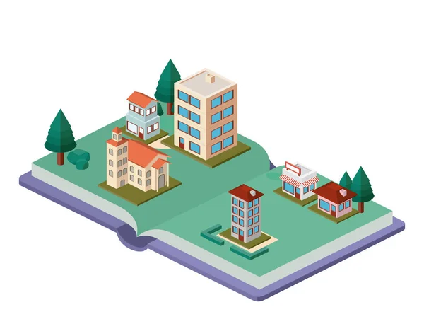 Building and trees isometric scene on book — Stock Vector