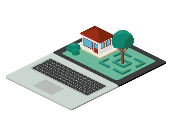 Bangunan dan pohon pemandangan isometrik pada laptop - Stok Vektor