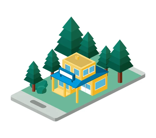 Bâtiment et arbres scène isométrique sur smartphone — Image vectorielle