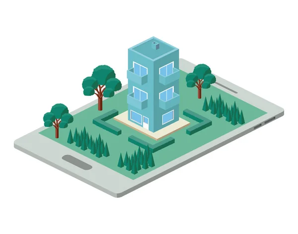 Bâtiment et arbres scène isométrique sur smartphone — Image vectorielle