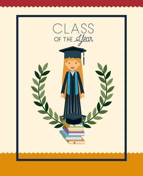 Tarjeta de graduación con carácter de mujer — Vector de stock